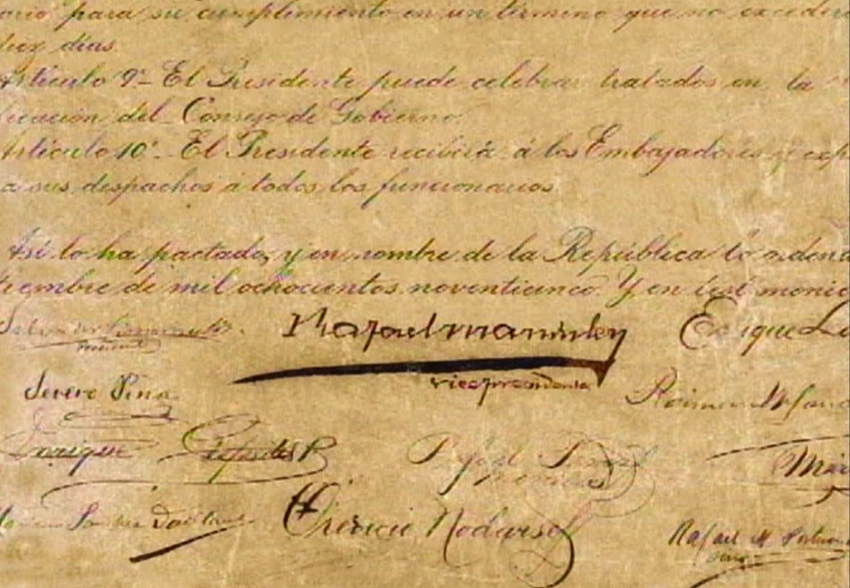 Uno de los procesos más dificiles durante la autentificación fue el análisis de la firma de Rafael Manduley como vicepresidente, por su forma dura, lo que dañó capas de fibra del papel Uno de los procesos más dificiles durante la autentificación fue el análisis de la firma de Rafael Manduley como vicepresidente, por su forma dura, lo que dañó capas de fibra del papel