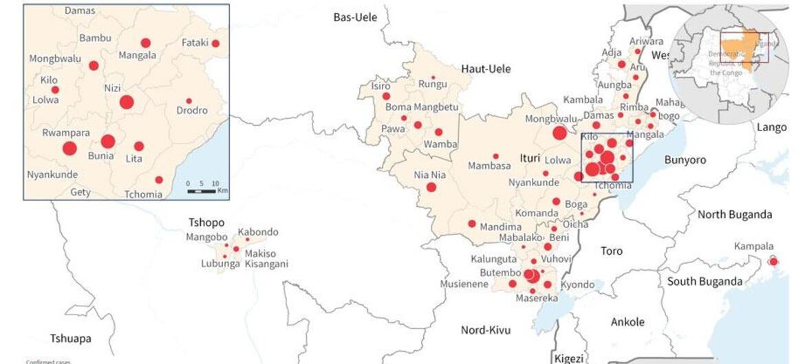 Distribución geográfica de los casos confirmados en la República Democrática del Congo y Uganda. Distribución geográfica de los casos confirmados en la República Democrática del Congo y Uganda.
